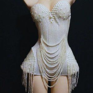 Pearl White Beaded Leotard Bodice Bodysuit Sleeveless with Mes